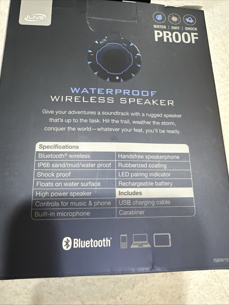 iLive ISBW157B Waterproof Wireless Speaker, Bluetooth, Black, New