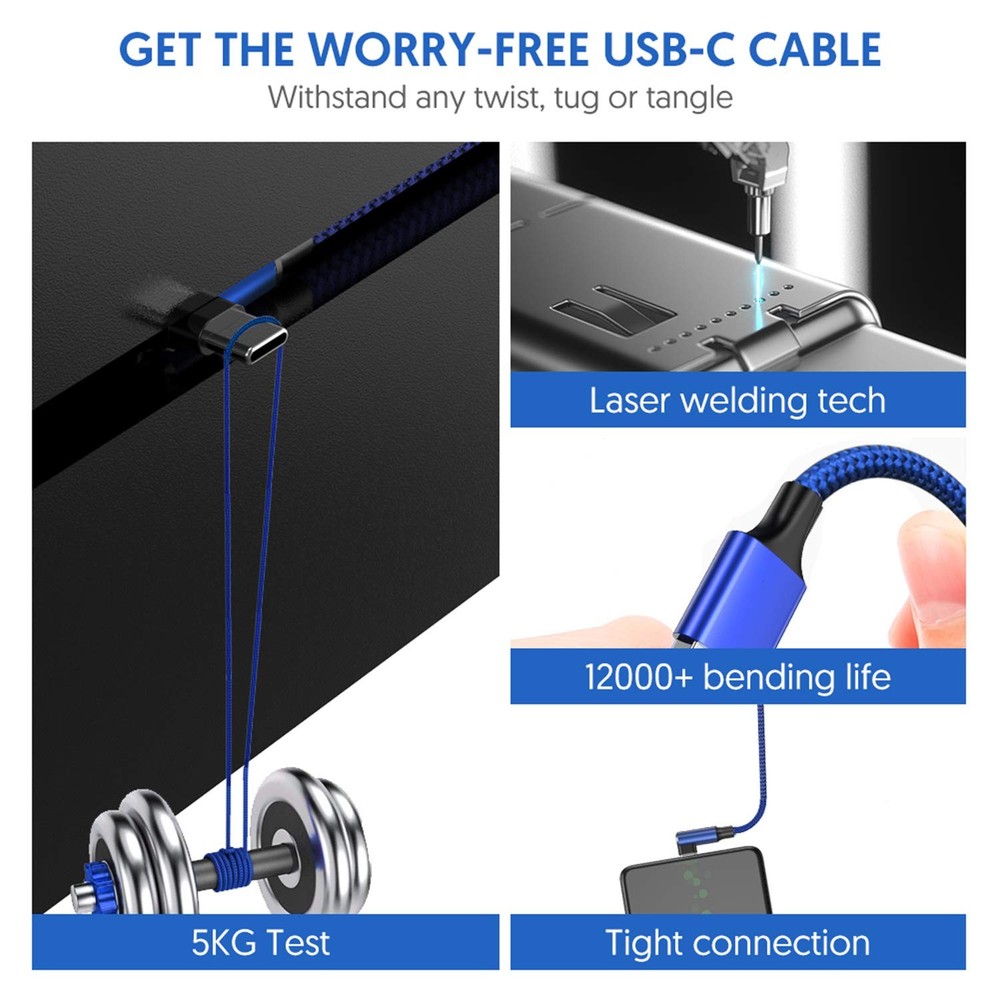 USB C Cable 90 Degree Right Angle[2Pack 10FT], A to Type C 10ft, Blue