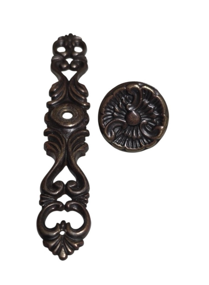 Bronze color Drawer Pulls Backplates Knobs & Keyhole Escutcheon Set