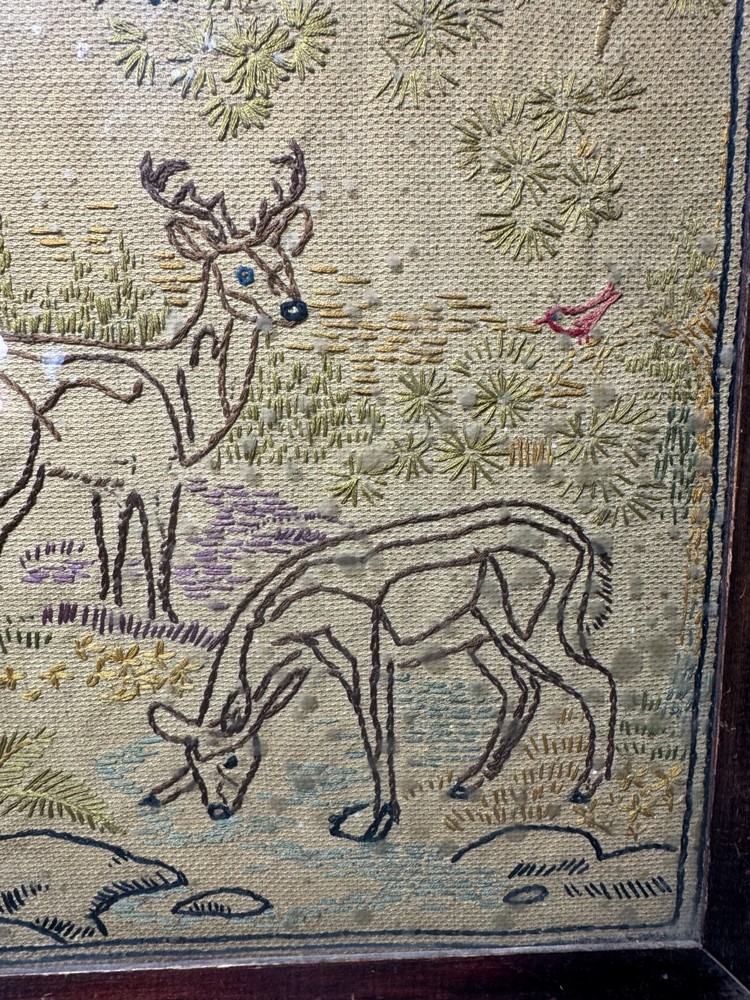 Vintage Needlework "Deer In Landscape Scene" - Framed