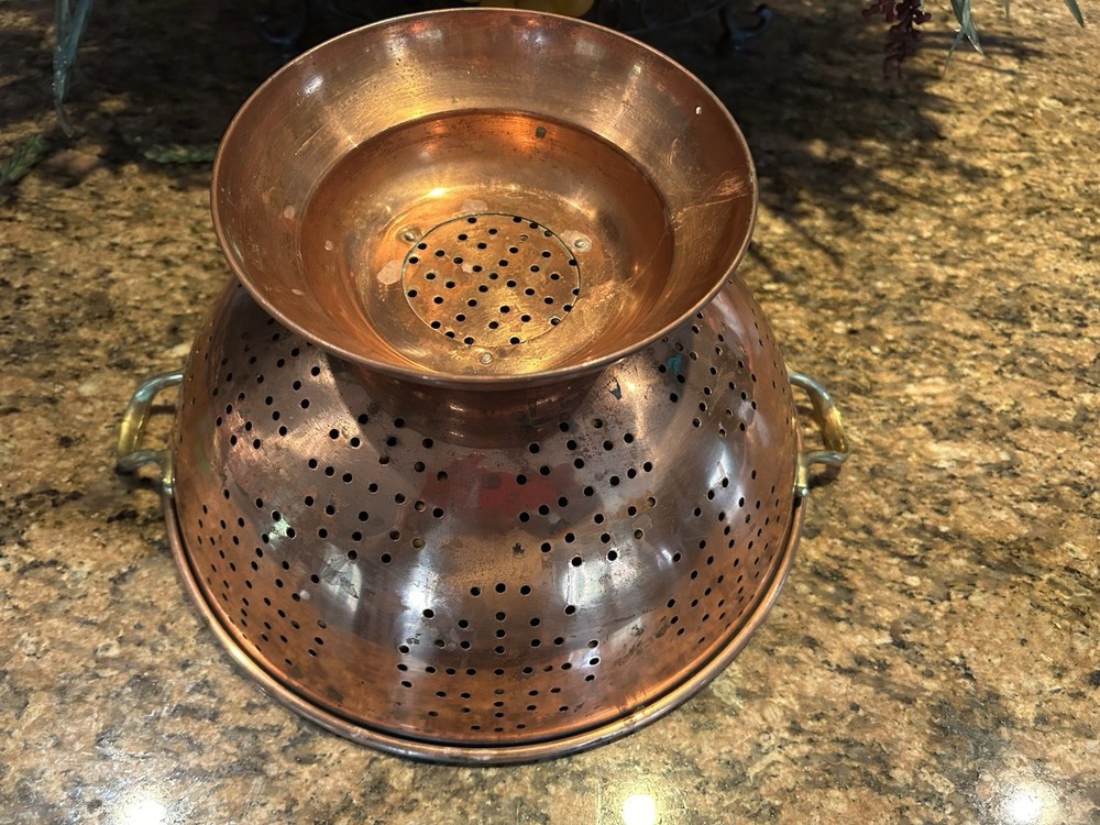 Vintage Large Footed Copper Colander Brass Handles 12"