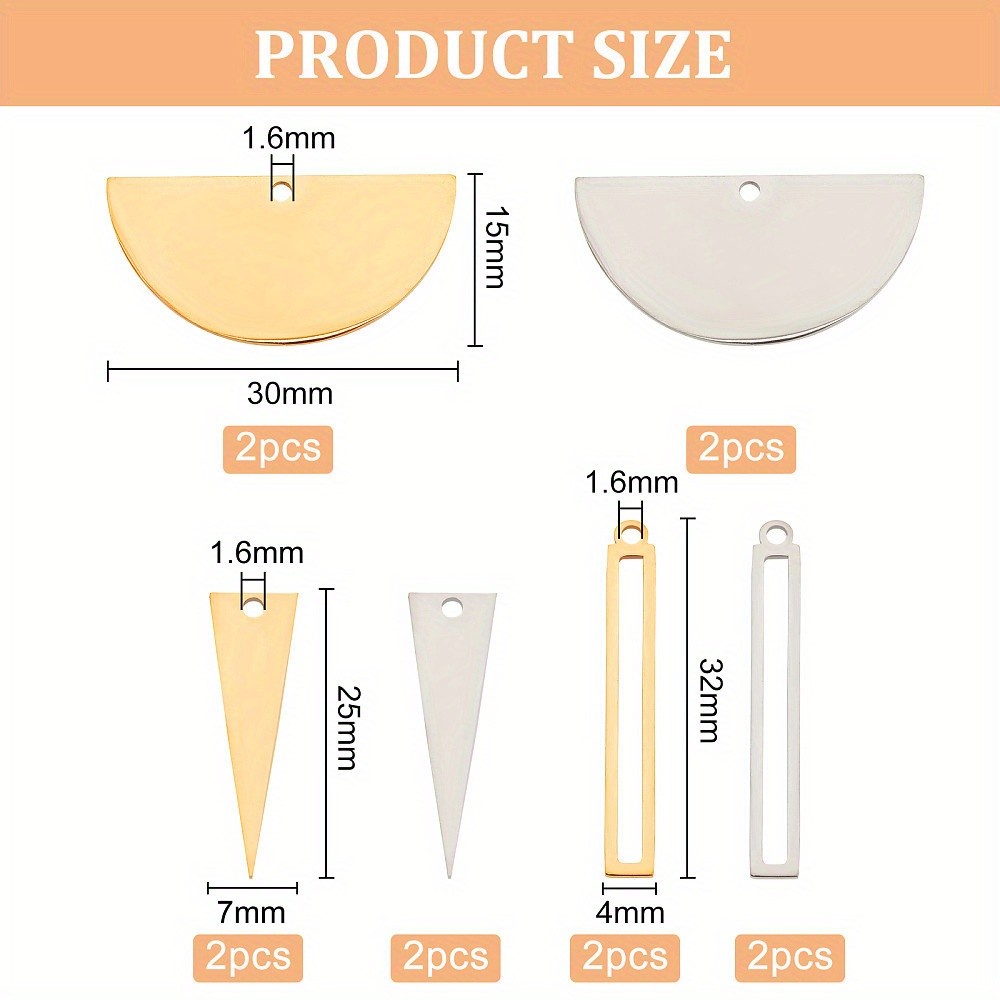 1box 12pcs Rectangle Triangle Stainless Steel Pendants Half Flat Round