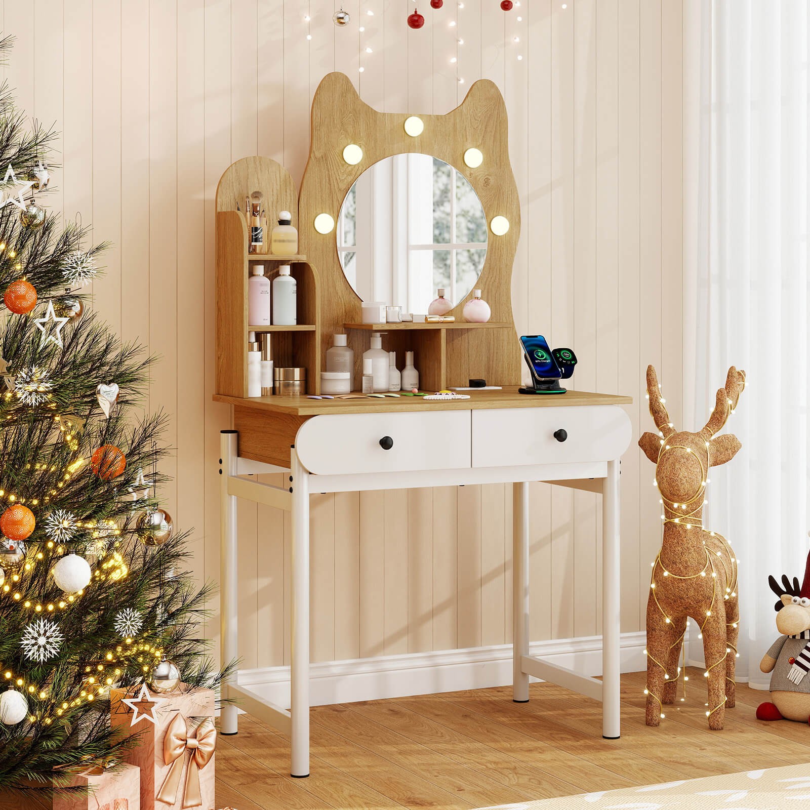 Small Vanity Desk with Mirror and Lights Cute Kitty Makeup Table w/Power Outlets