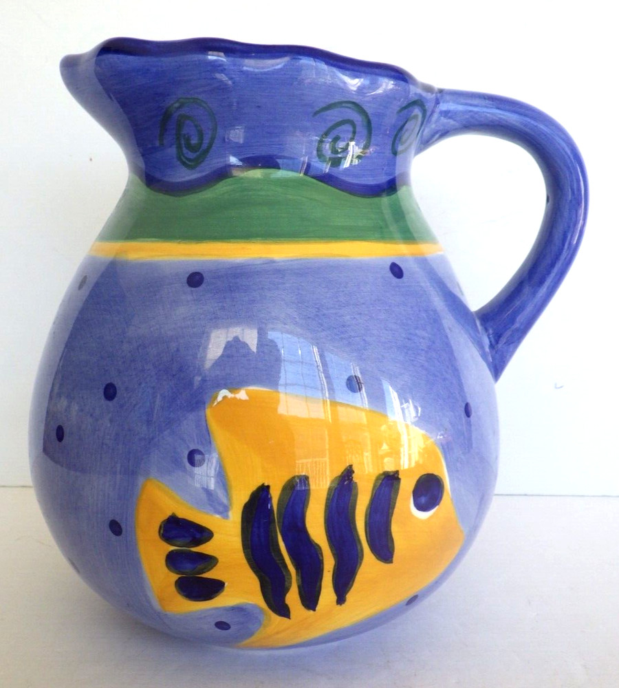 Haussen Ware Glazed Ceramic Handled Pitcher Nautical Fish Motif 80 oz.