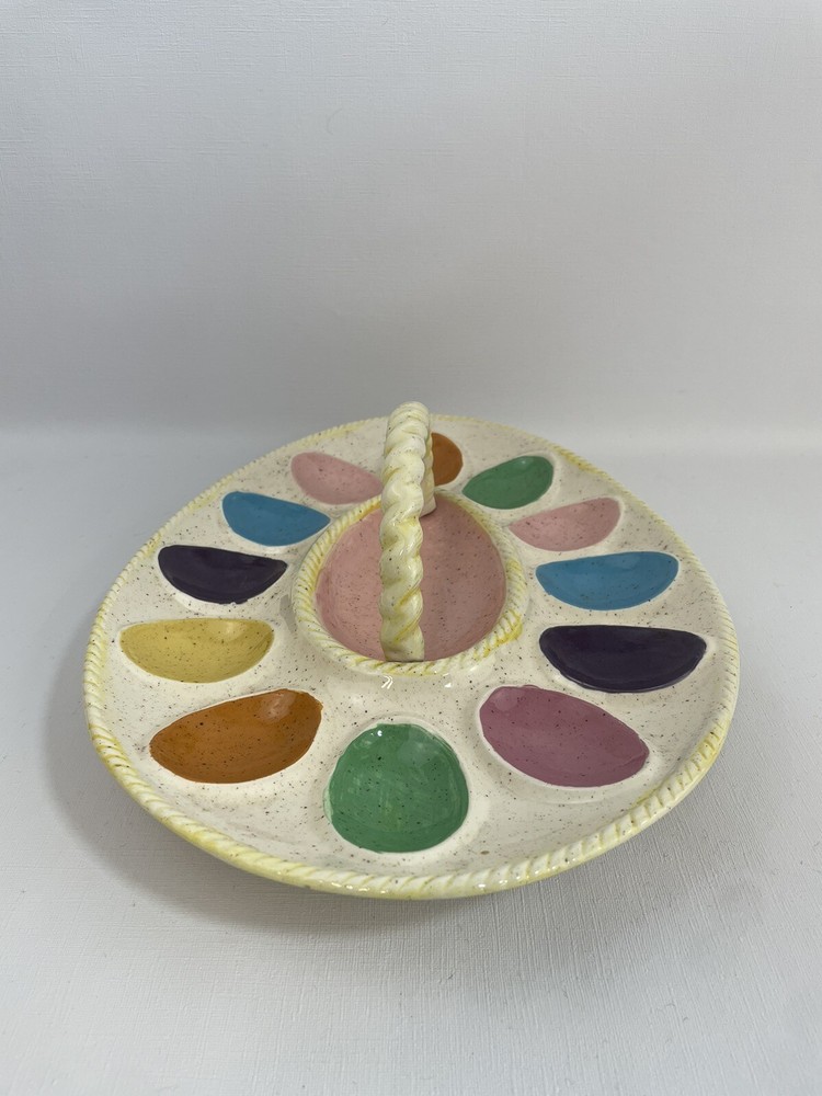 VTG Atlanic Mold Pastel Deviled Egg Platter Tray Dish w/Handle 14×10 Easter