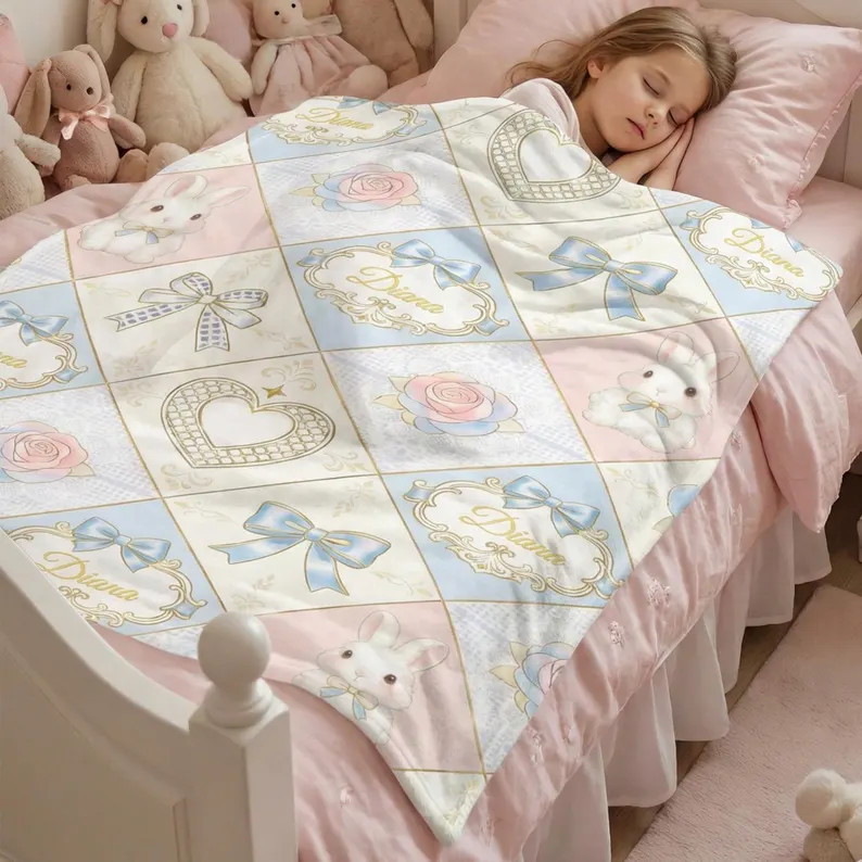 Personalized Cute Easter Bow Flower Blanket Custom Gift for