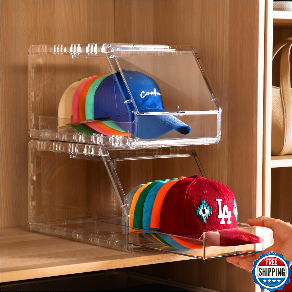 Ozueccr 2 Pack Hat Organizer for Baseball Caps – Stackable Clear Display Box wit