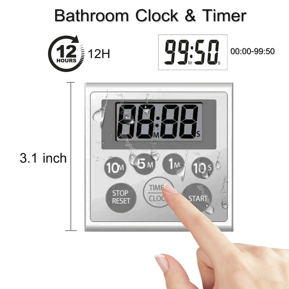 Digital Timer Waterproof Shower Timer Shower Clock Bathroom Kitchen Timer wit...