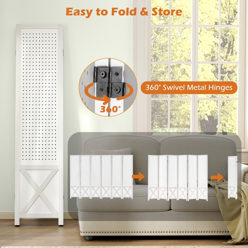 6-Panel Pegboard Room Divider, 67" Tall Foldable Privacy Screen, For Home, White