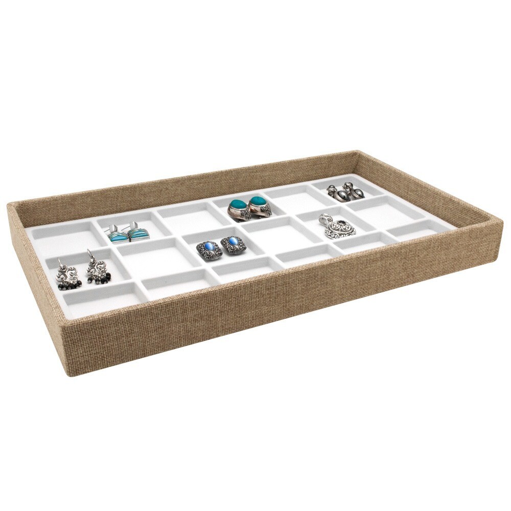 Modern Burlap Jewelry Tray Organizer with 18 Compartment Liner Holder Storage