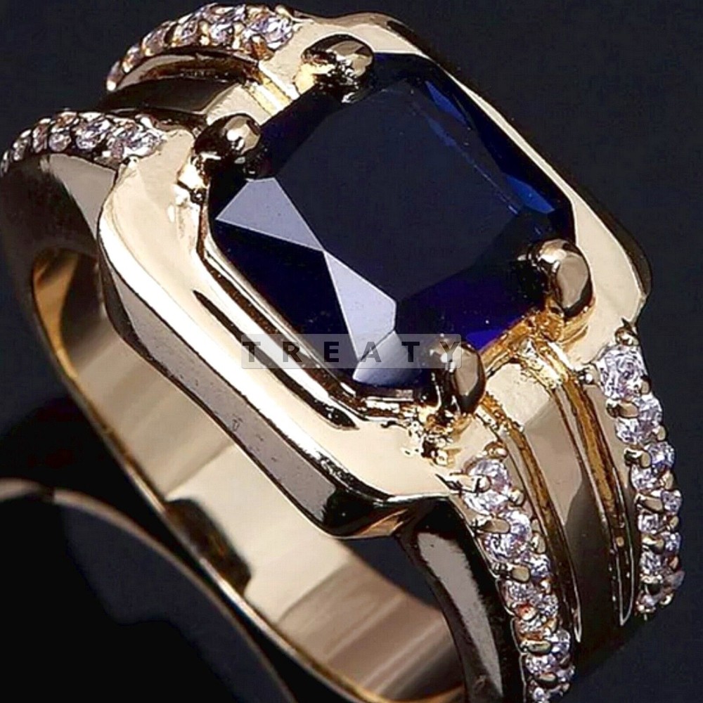 Blue Sapphire Emerald Cut With 14K Solid Yellow Gold Ring For Men #24