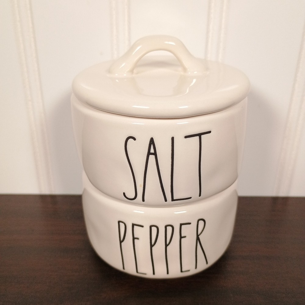 Rae Dunn Artisan Collection Stackable Salt & Pepper Cellar Shaker Set Cream