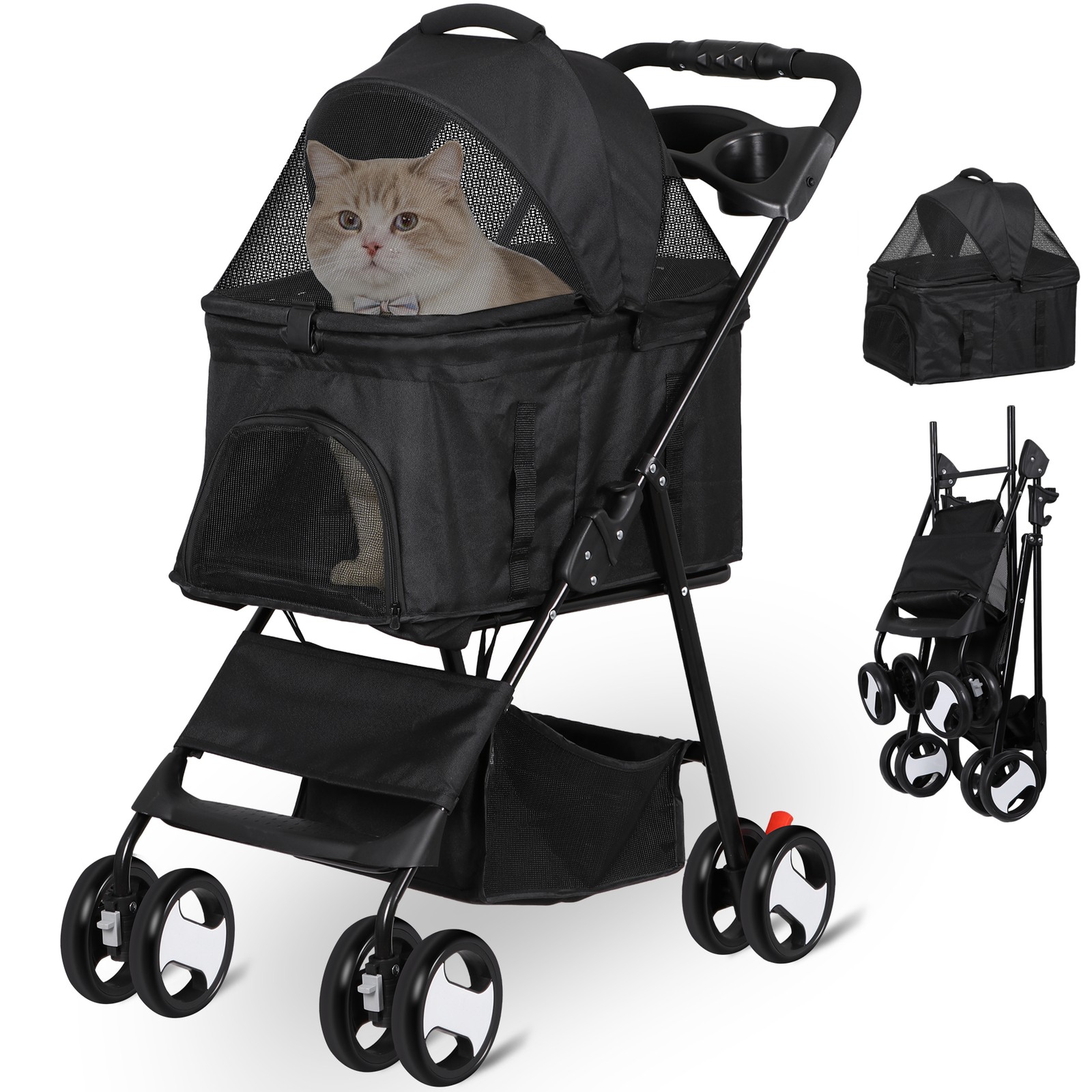 Pet Stroller Foldable Dog Cat Jogger Stroller w/4 Wheels Detachable Basket Black
