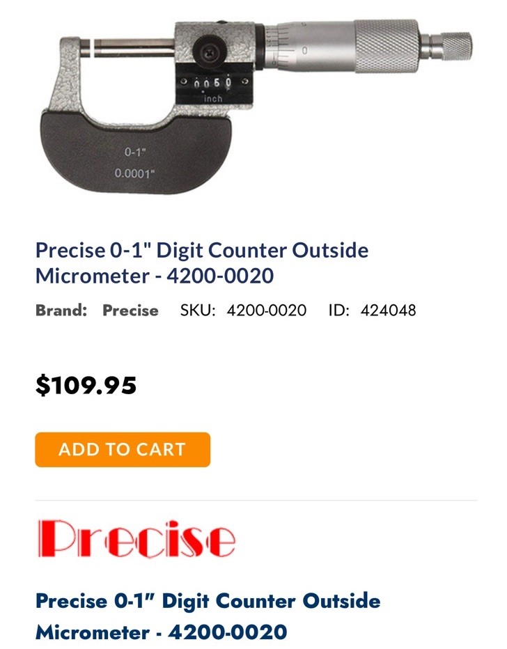 Precise 0-1" Precision Ball Micrometer .0001 Carbide Thickness - New