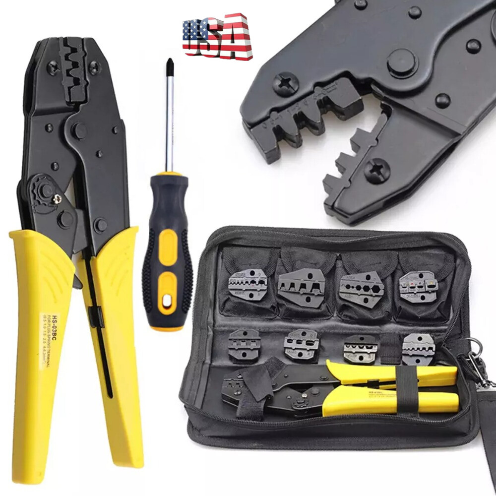 Ratcheting Crimping Tool Kit Cord End Terminals Wire Crimper Pliers w/ 8 Dies