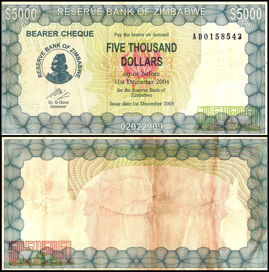 Zimbabwe 5000 Dollars Bearer Cheque, 2003, P-21, Used