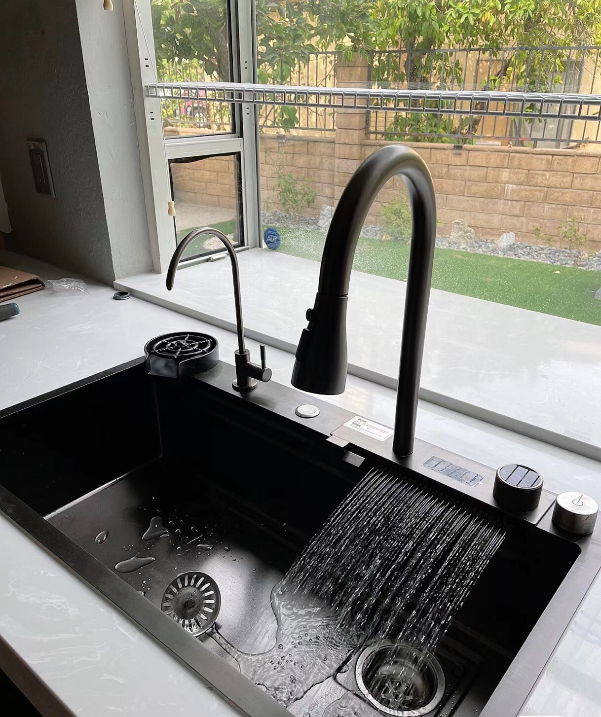 33x22 IN Flying Rain Stainless Steel Waterfall Kitchen Sink Digital Faucet Black