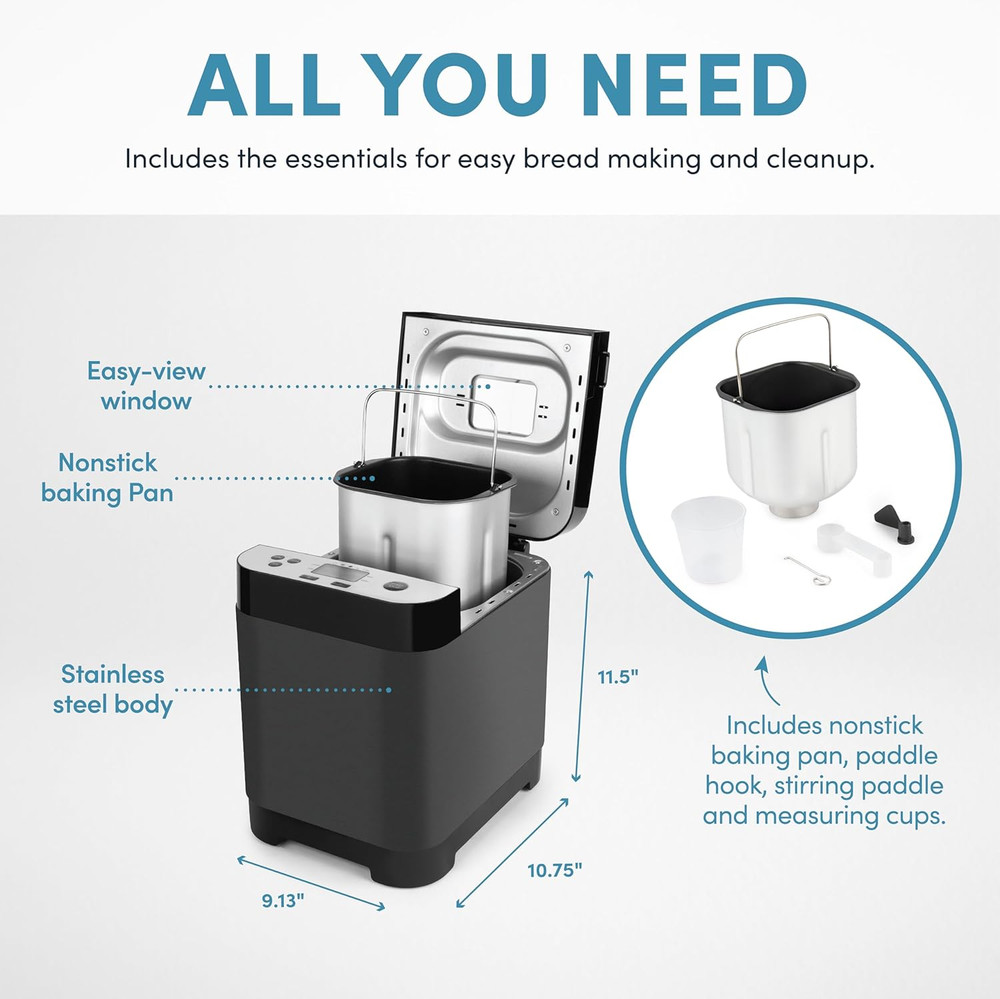 ® 1.5Lbs. Digital Bread Maker with Crust Customization, Clear-View Lid, and Nons
