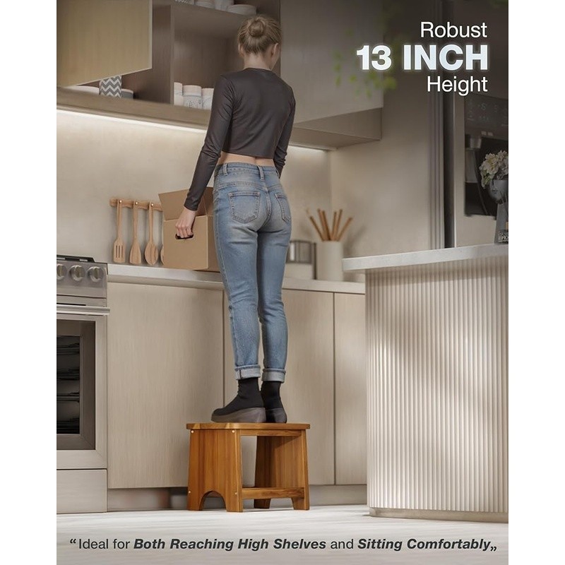 Acacia Wood Step Stool Sturdy Construction Non-Slip Handle Multipurpose Use