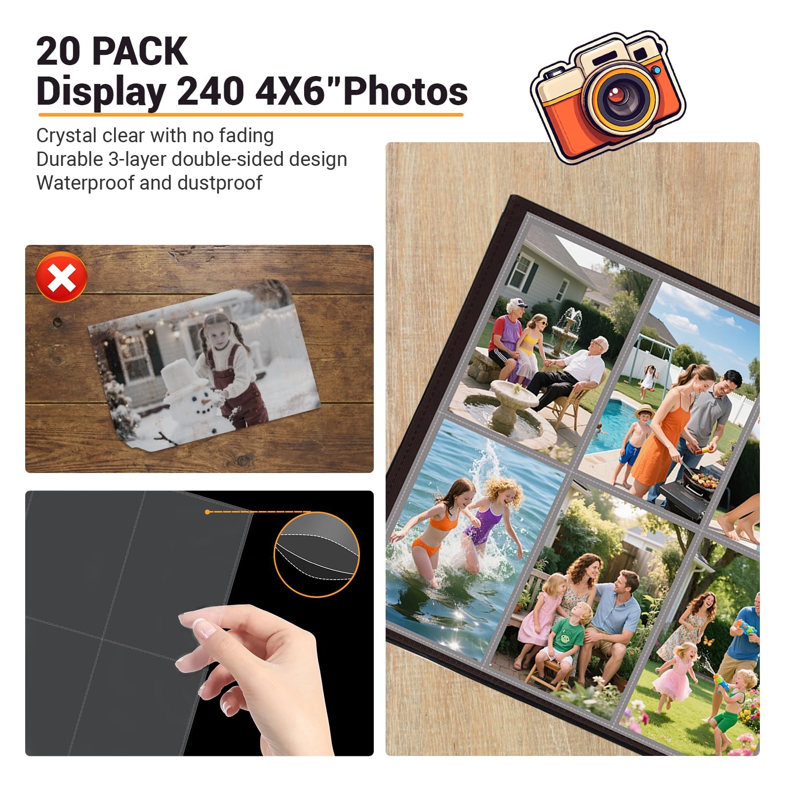 4x6 Photo Refill Pages, 20 Plastic Sleeves, Acid Free, 3 Ring Binder, White