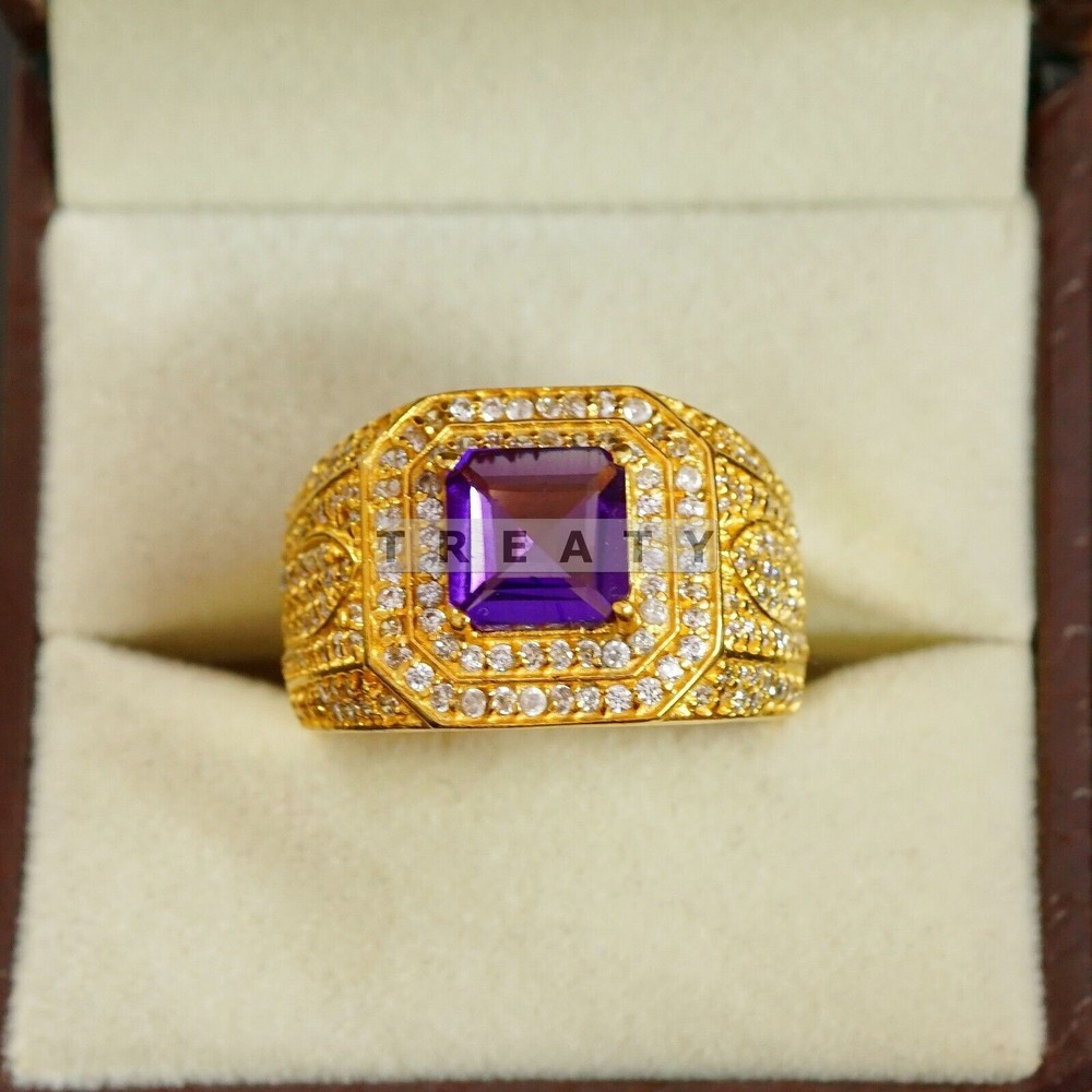 Amethyst Emerald Cut Gemstone With 14K Solid Gold  Ring For Men's #B712
