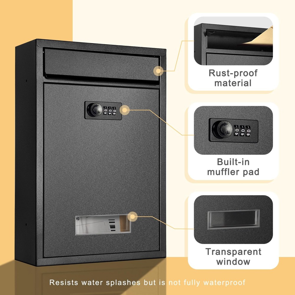 Wall Mount Mailbox, Combination Lock Mail Boxes for Outside, Safe Drop Black