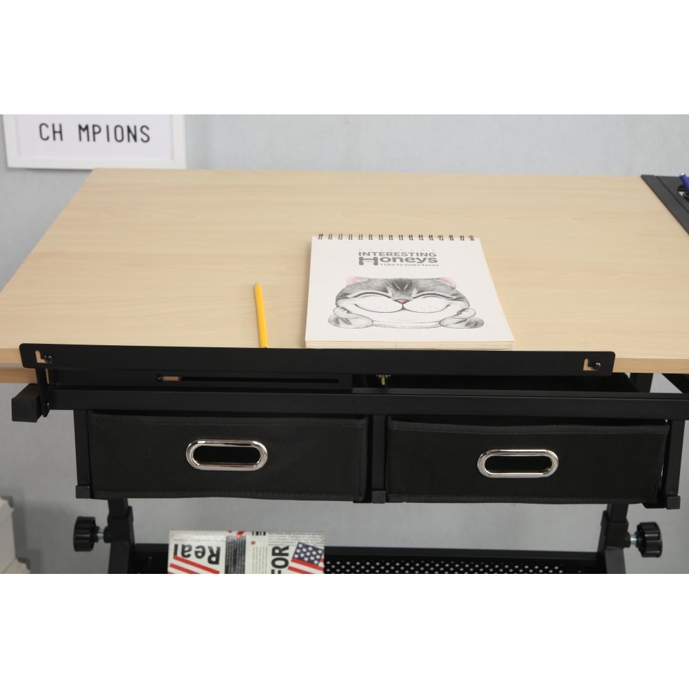 Art Drawing Desk Set - Adjustable Table & Stool - 2 Drawers，Tilting Top