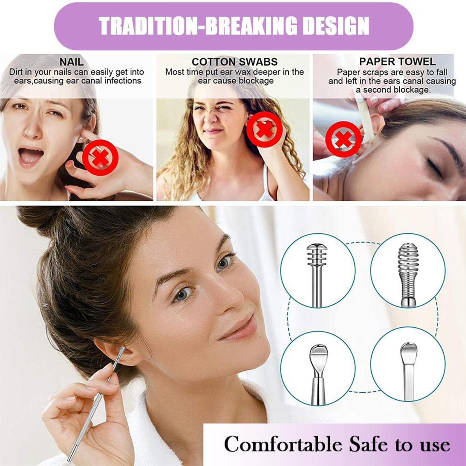 6PCS Ear Pick Cleaning Set Spiral Tool Spoon Ear Wax Remover Cleaner Curette Kit