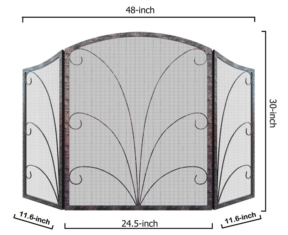 3-Panel Arched Childproof Fireplace Screen Decorative, Handcrafted Scroll Wro...