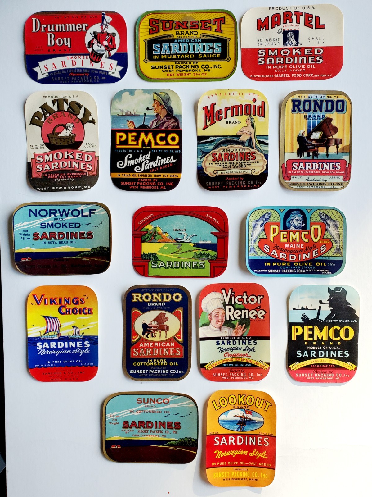 16 Different Vintage Old Sardine Can Labels, 1930’s-40’s, Pembroke Maine
