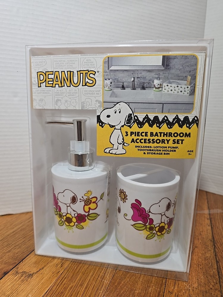 Snoopy 3-Piece Bathroom Accessory Set, Toothbrush Holder, Soap Pump, Storage Bin