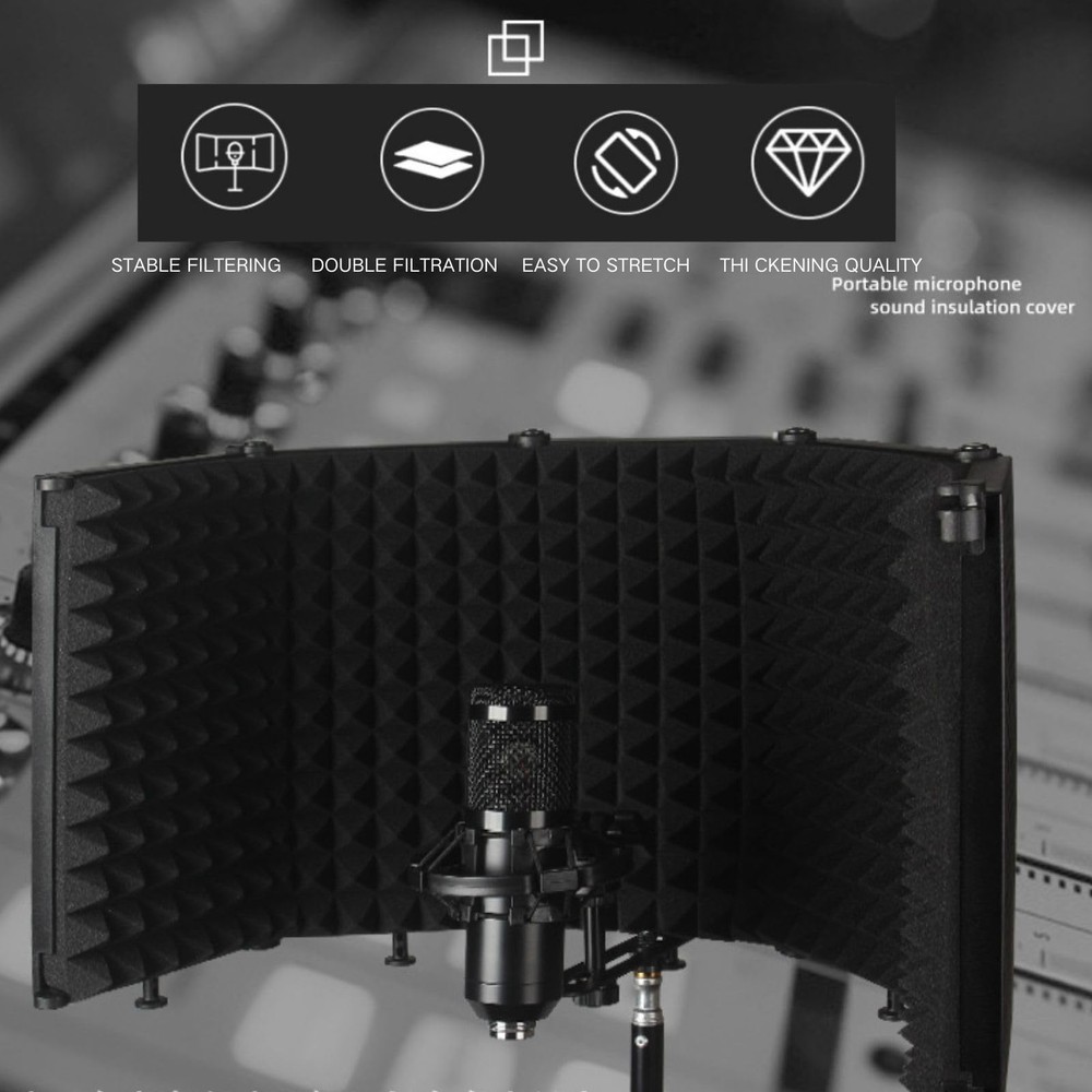 Microphone Isolation Shield 5 Panel Pop Filter Tripod Stand Studio Black