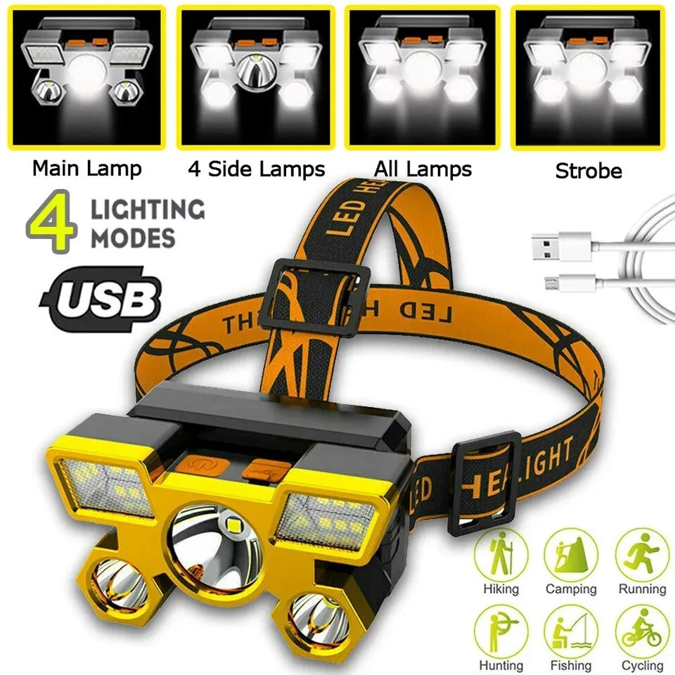 New Bright LED Rechargeable Headlight/Flashlight USB Charging Waterproof 4 Modes
