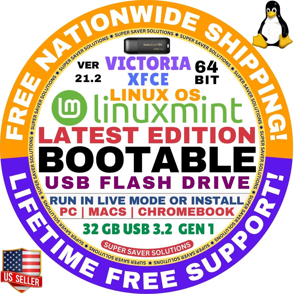 Linux MINT 21.2 USB VICTORIA XFCE 64-Bit Live Boot, Full Install for MAC, PC