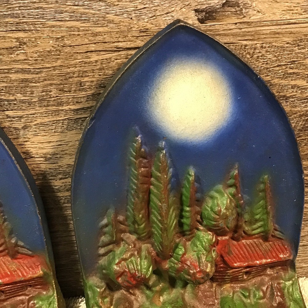 Antique Cast Iron Bookends Cabin in Moonlight Pair Numbered #103