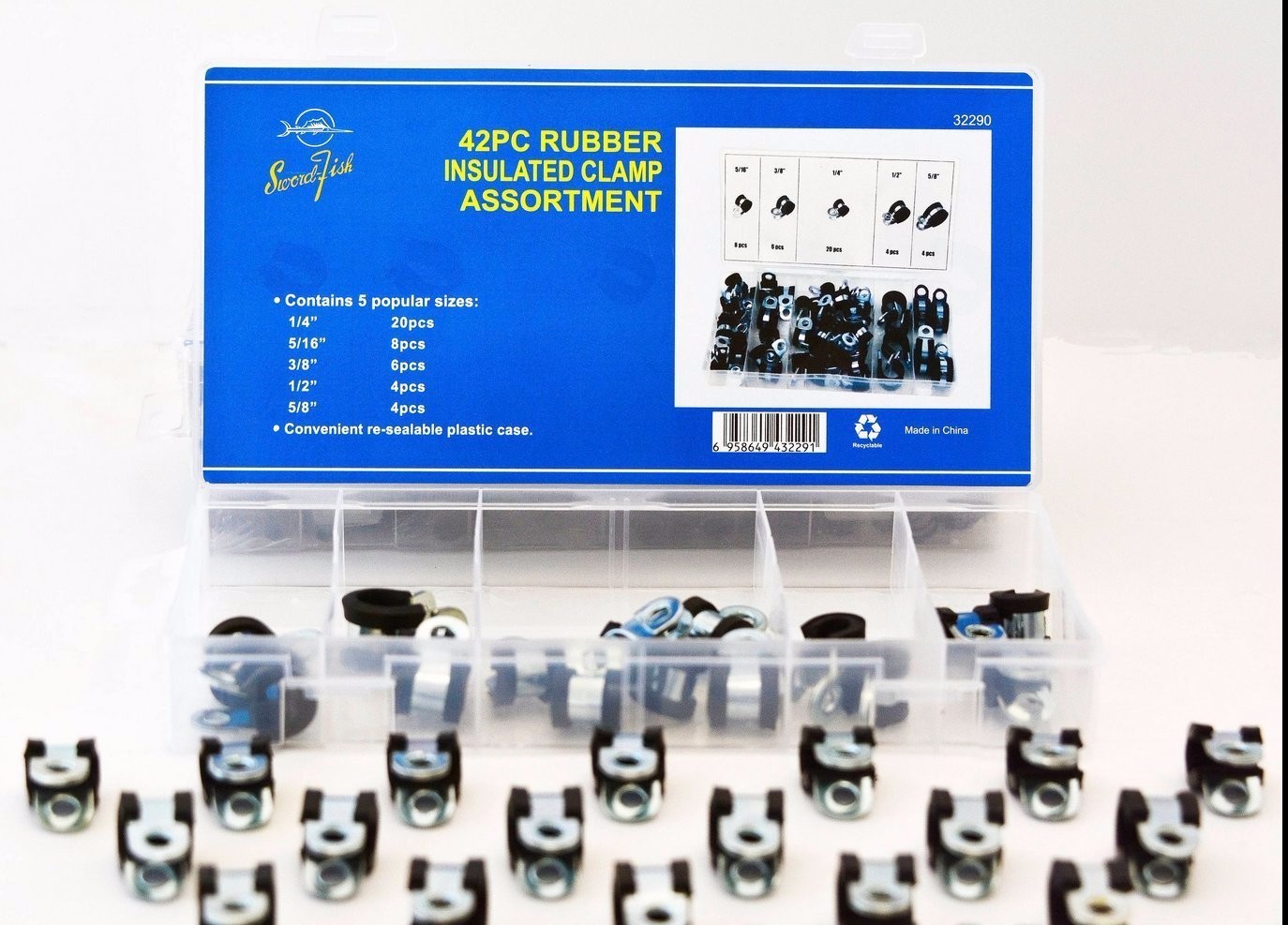 Swordfish 32290 42pc Rubber Insulated Hose Clamp Adel Clamp Assortment