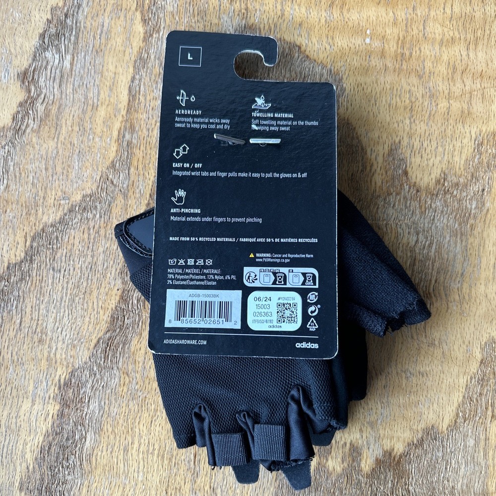 Adidas Essential Fingerless Workout Training Gloves Black Large Adjustable