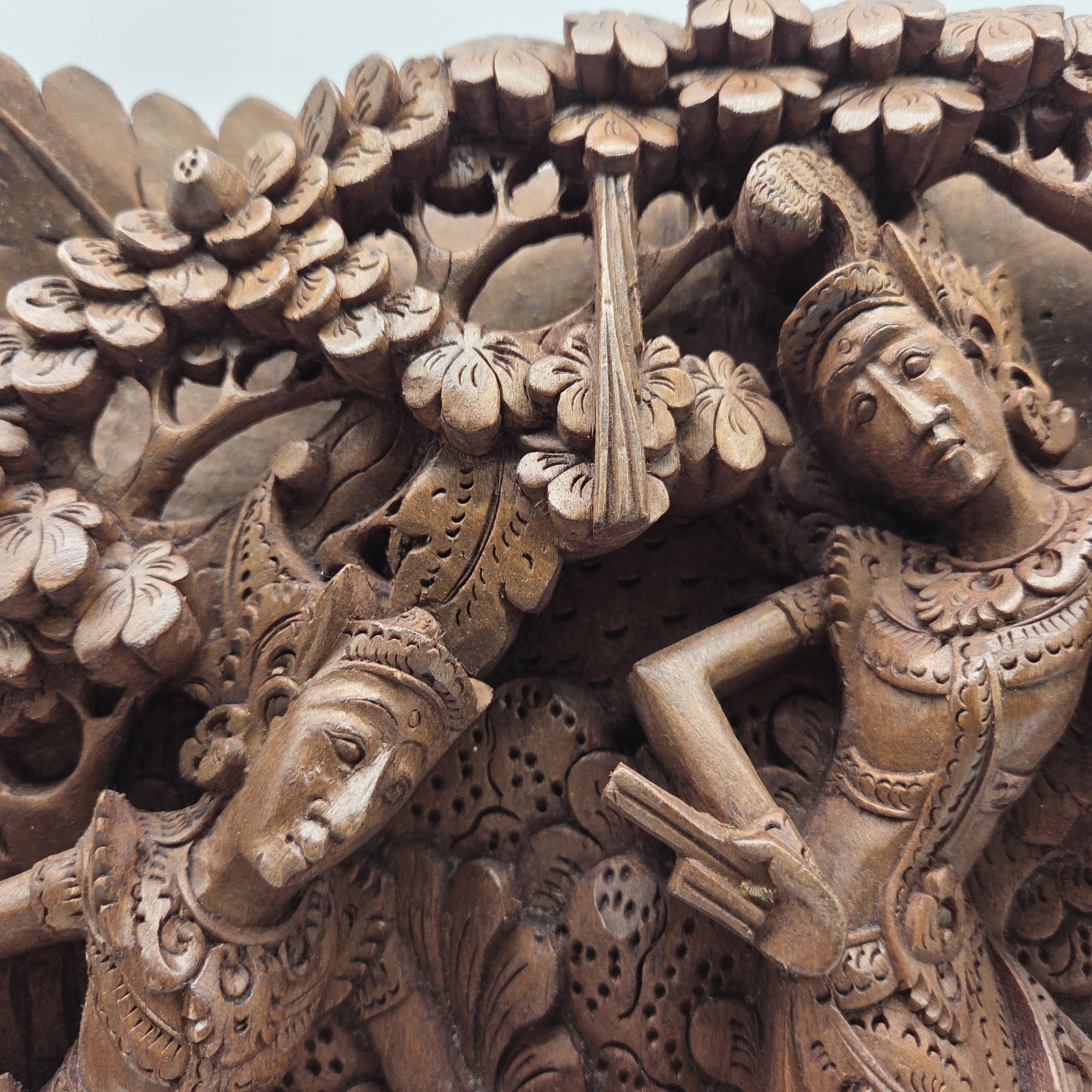 Balinese Bali Hand Carved Wood Relief Wall Art Dancers Floral 12"x11" Vintage