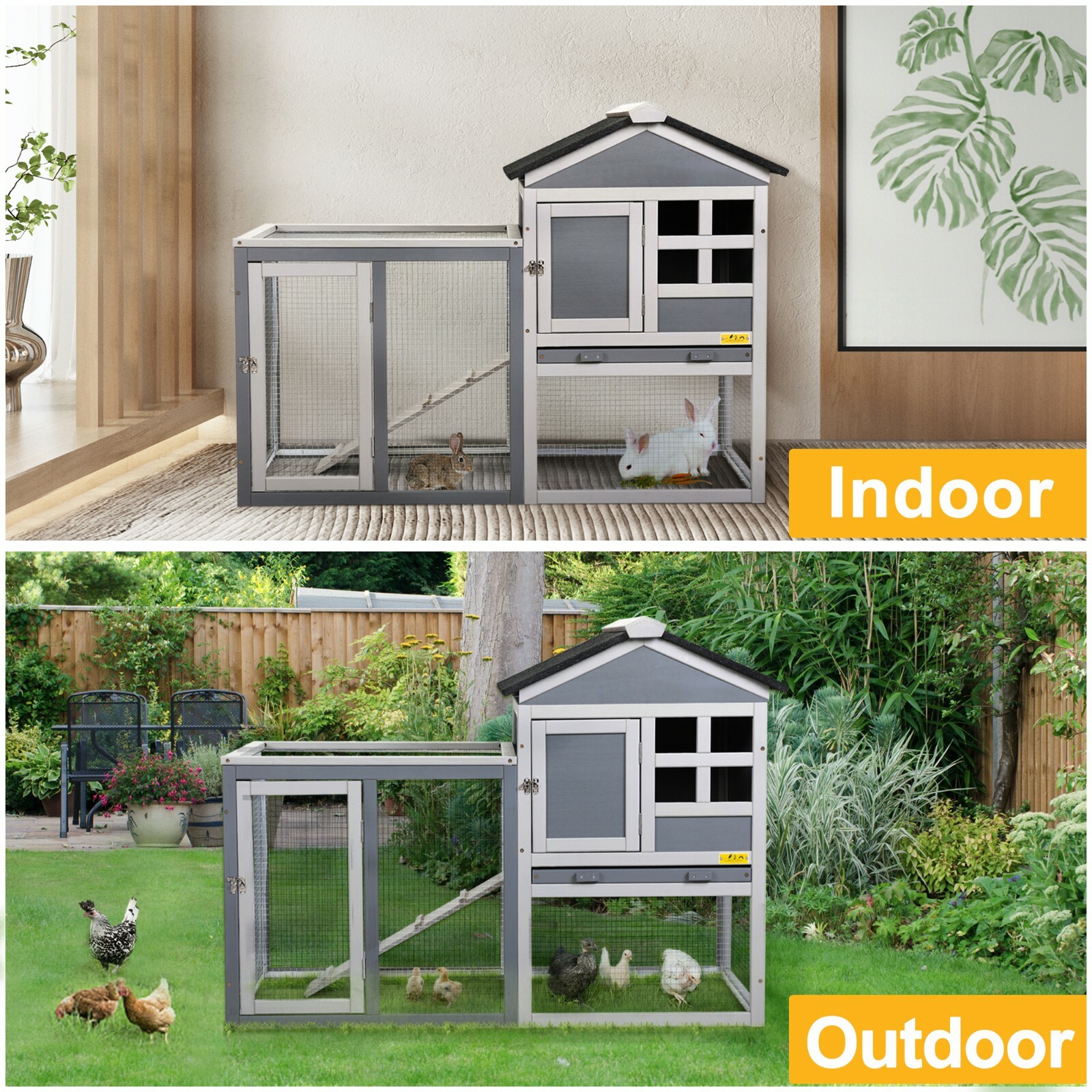 2-Tier Rabbit Hutch Wooden Bunny Cage Pet Cage with Run Resting Box Outdoor