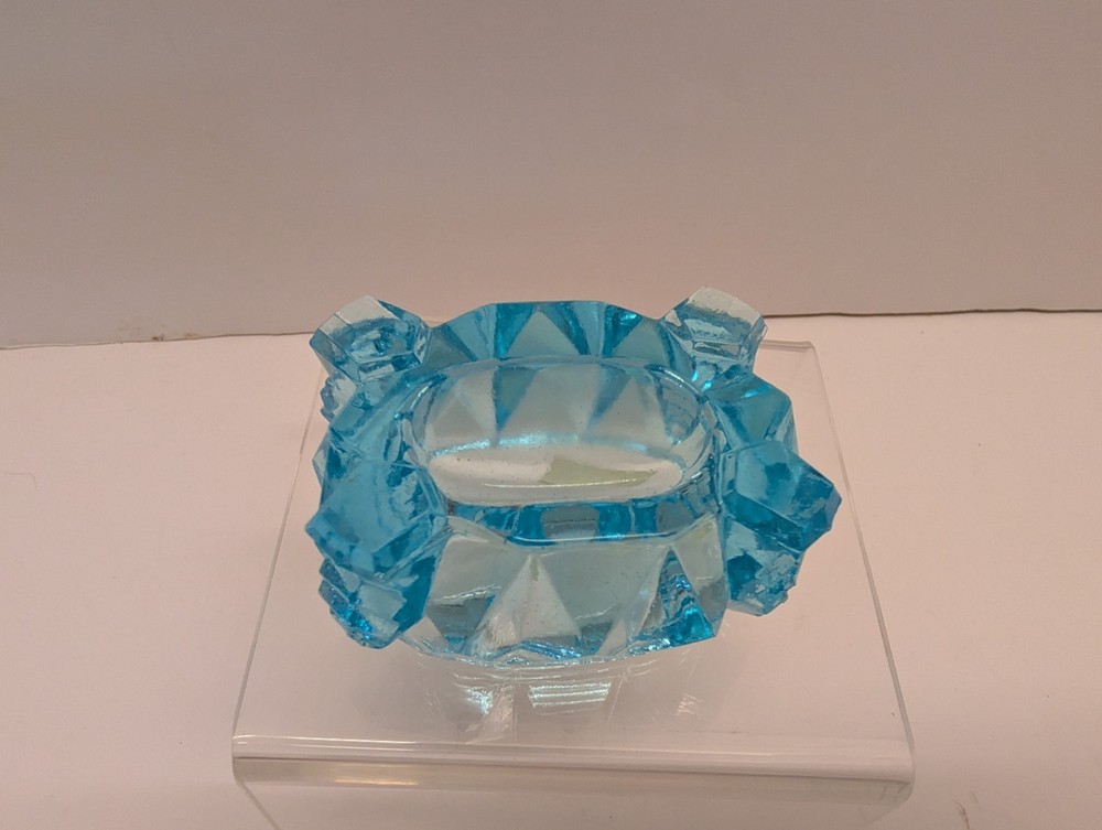 Antique Blue Pressed Glass Footed Open Salt Cellar Dip Diamond Pattern