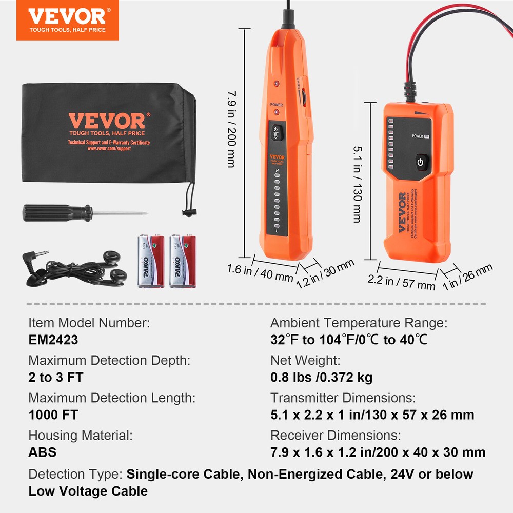 VEVOR Underground Cable Locator 3 FT Max. Detection Depth Wire Break Detector