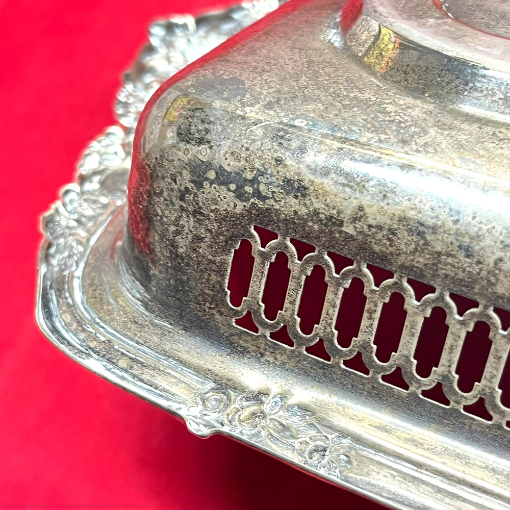 VTG 19" Tarnished Silver Plated Rectangular Butler Serving Tray Pierced Gallery