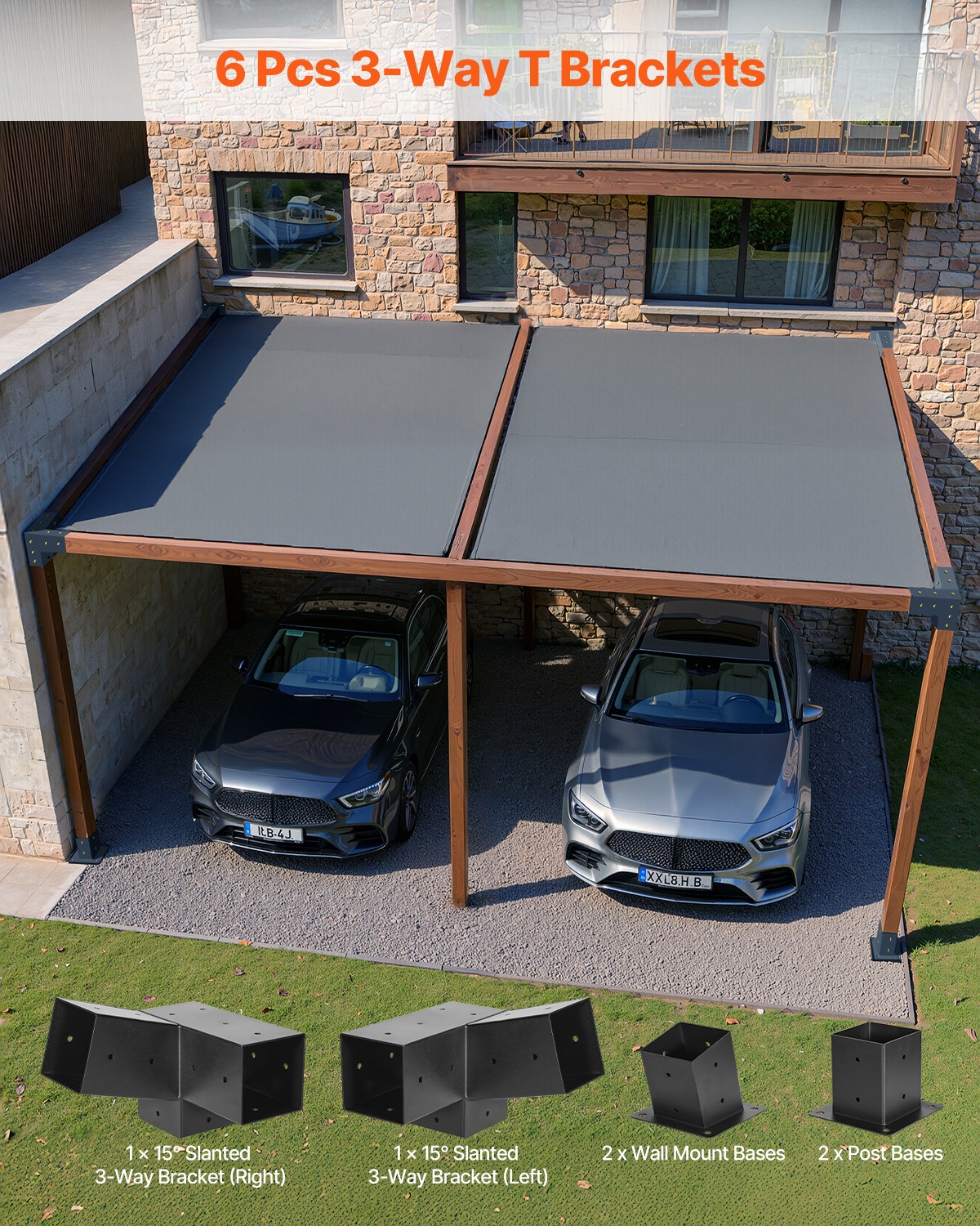 VEVOR 4x4 Inch Pergola Bracket Kit Inner 3.5x3.5 3-Way Slanted Brackets DIY Post