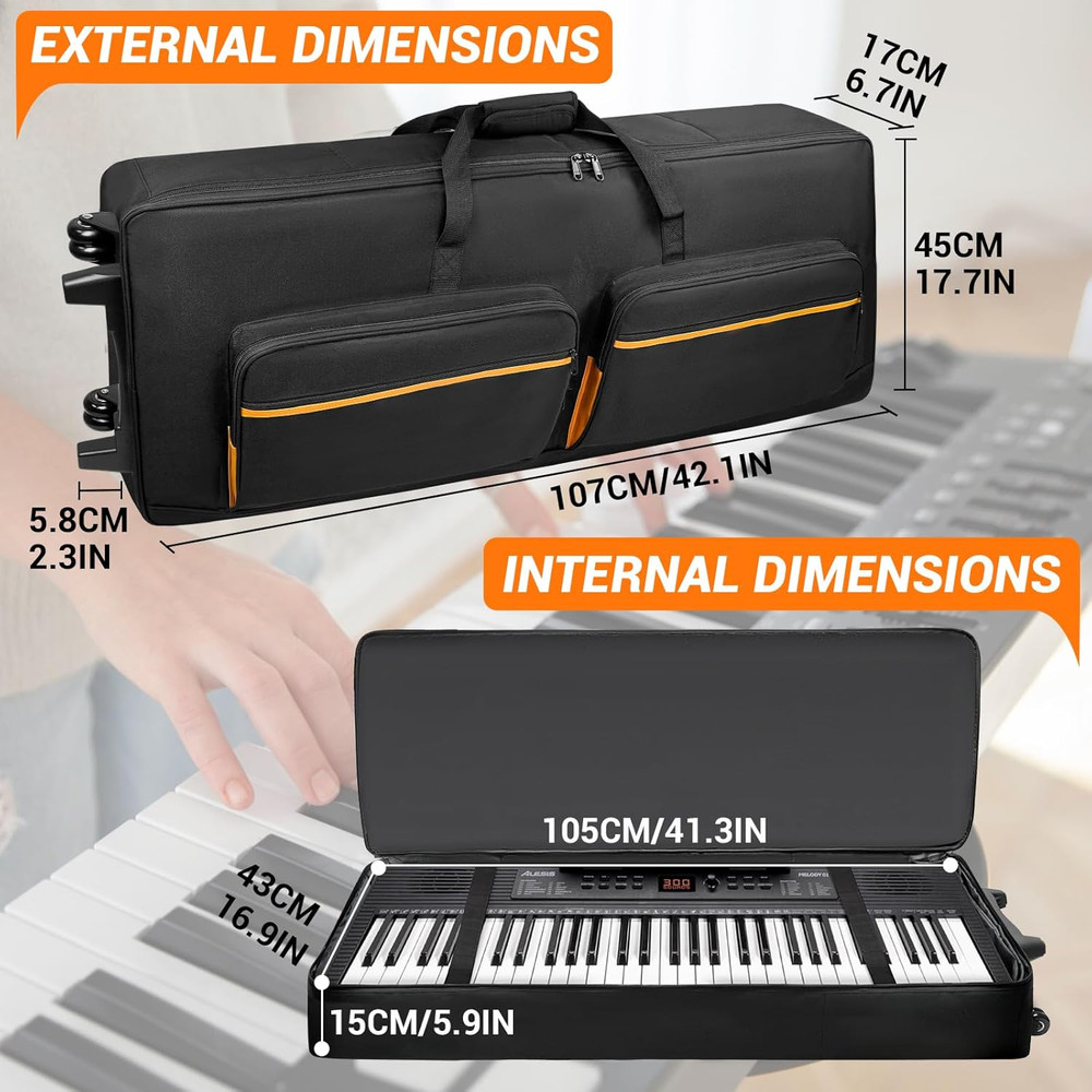 61-Key Keyboard Case with Wheels & Adjustable Shoulder Straps– Padded Rolling Gi