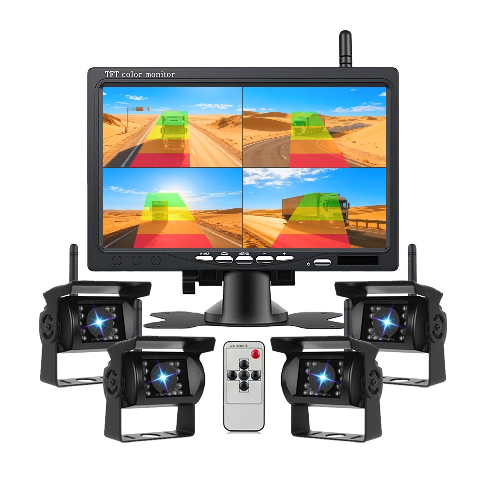 1080P Wireless  7" Truck Quad Monitor Backup Camera for  Trailer RV