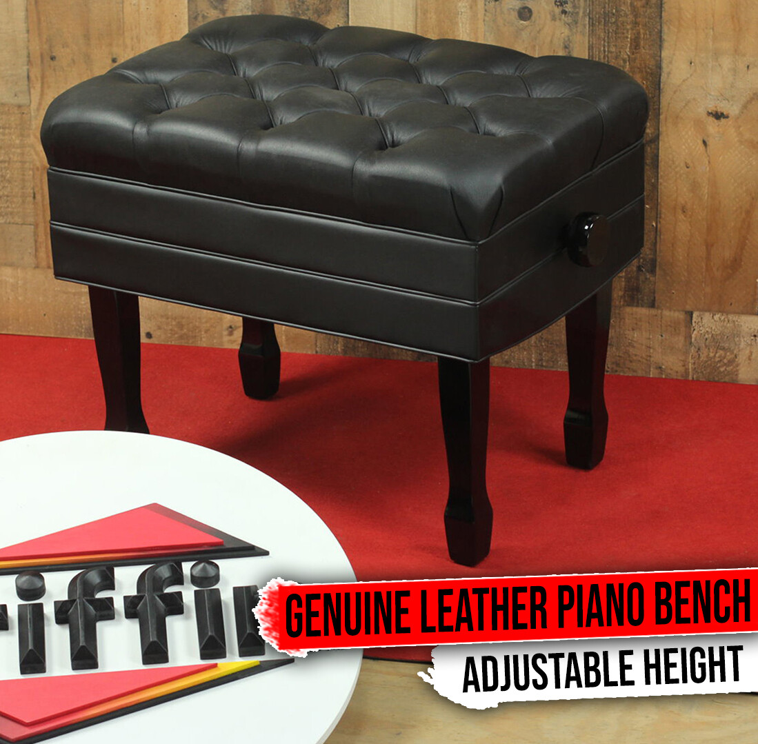 Genuine Leather Adjustable Piano Bench Seat - GRIFFIN Black Wood Keyboard Stool