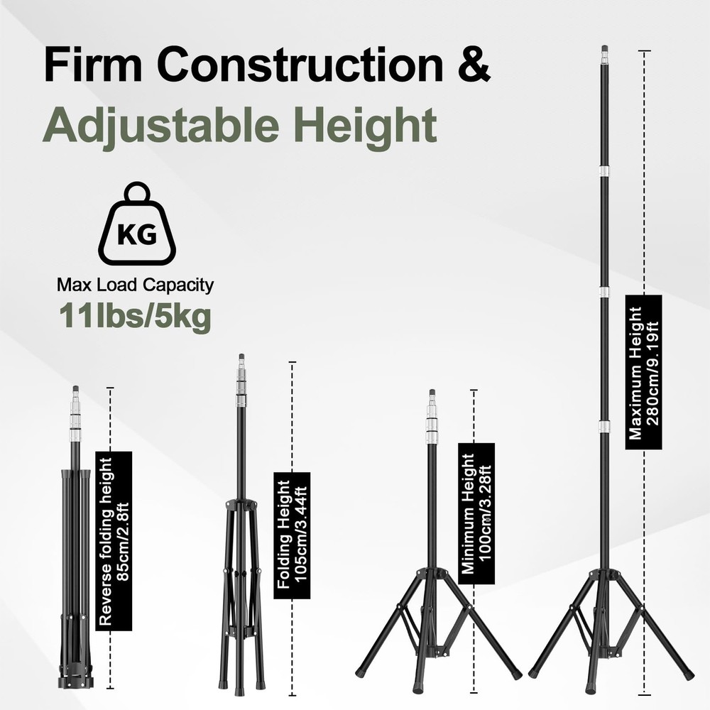 Photography Light Stand, 9.2ft/280cm Portable Reverse Folding Tripod with Tra...
