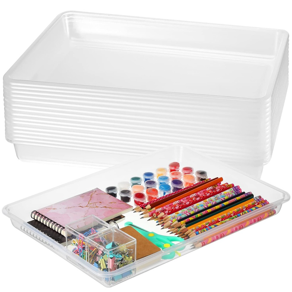 15 Pcs Flat Plastic Trays 16.1 x 11.8'' Sensory Storage Tray Stackable Classr...