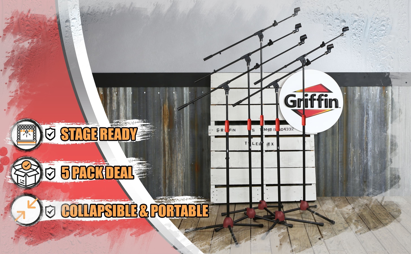 GRIFFIN Microphone Stand with Boom Arm 5 PACK - Tripod Telescoping Studio Mic