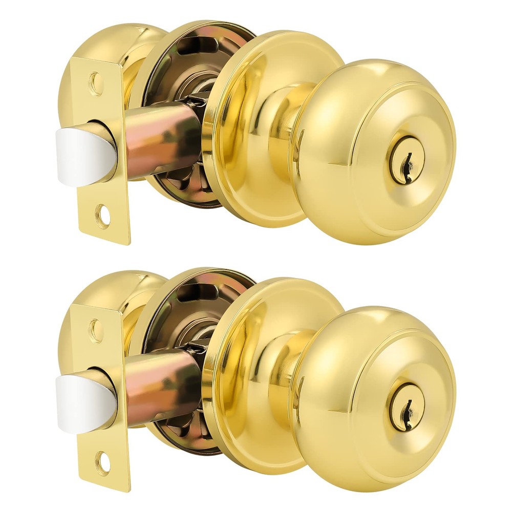 Probrico 2 Pack Entrance Door Knobs Lock Keyed Not 2, Polished Brass